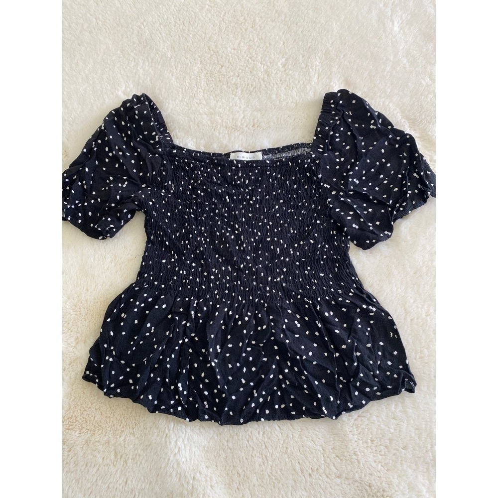 Kirious Los Angeles Black Polka Dot Smocked Peplum Puff Sleeve Top Small